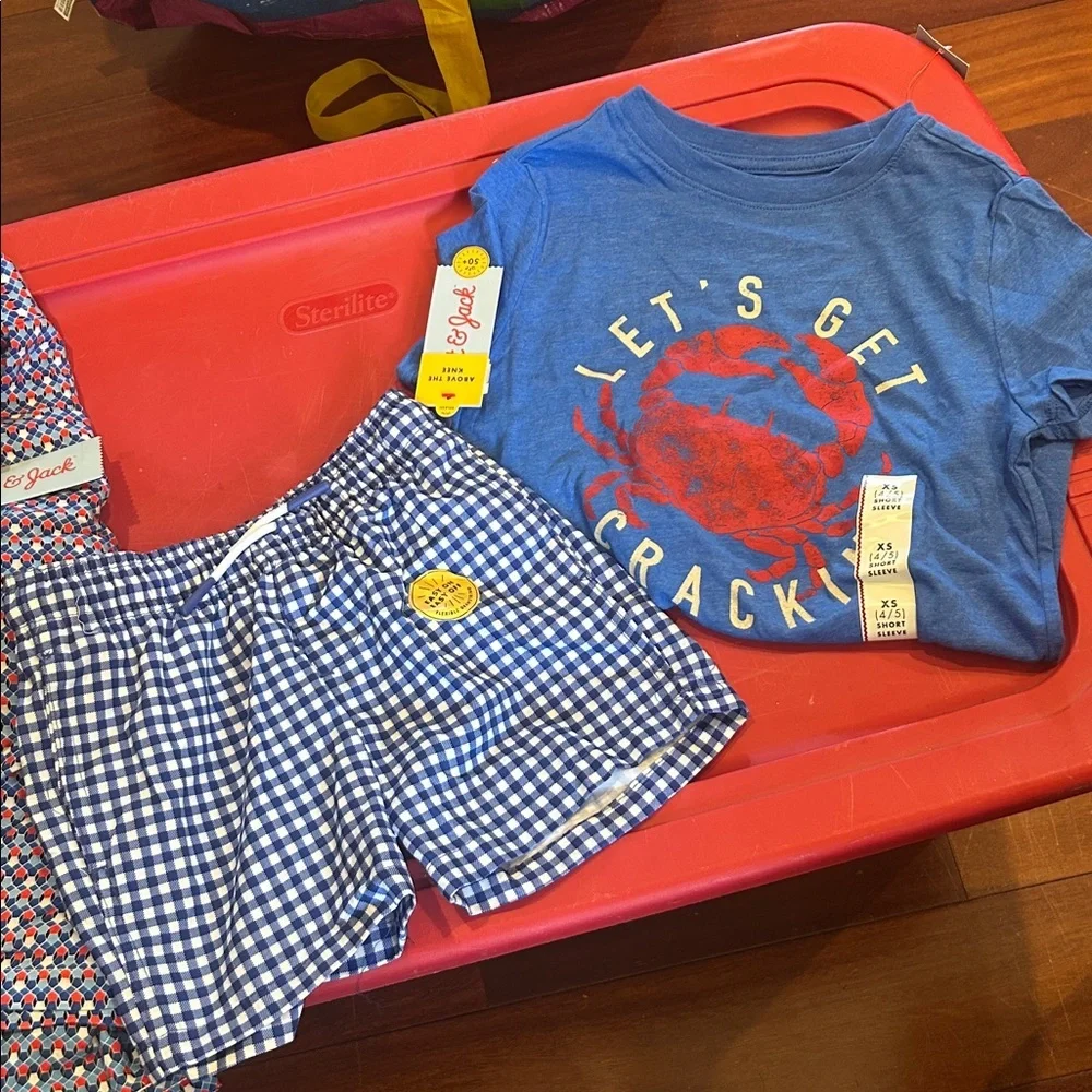 Red White and Blue Swim Trunks Cat & Jack lot with shirt and tee all NWT XS 4/5